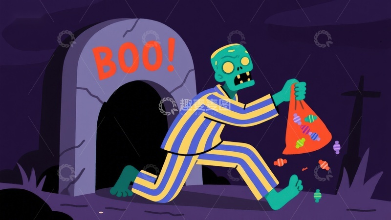 高清大图下载【趣麦麦图】僵尸手提糖果袋，墓碑前惊呼&lsquo;BOO！&rsquo;