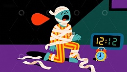 被绑带缠绕的卡通人物深夜惊恐