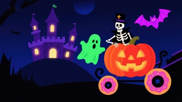 万圣节南瓜车与幽灵城堡夜景