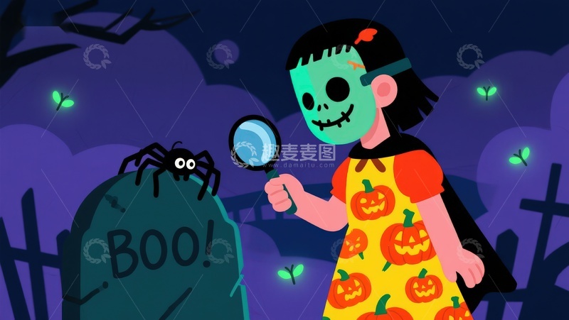 高清大图下载【趣麦麦图】万圣节夜探墓碑的小女孩