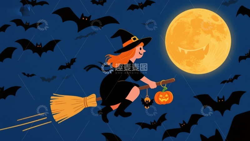 高清大图下载【趣麦麦图】万圣夜女巫骑扫帚飞过满月