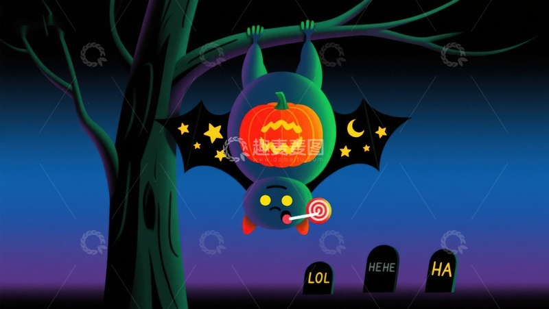 高清大图下载【趣麦麦图】万圣节蝙蝠与南瓜灯的夜景