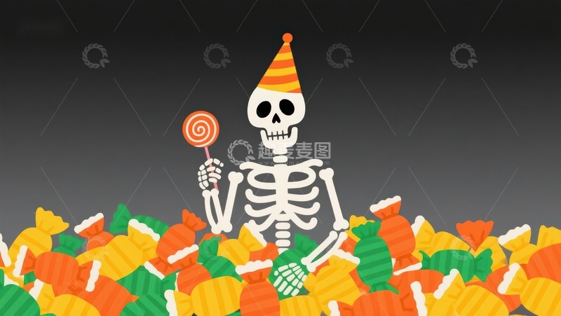 高清大图下载【趣麦麦图】骷髅糖果堆中手持棒棒糖