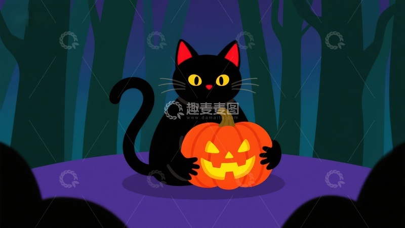 高清大图下载【趣麦麦图】万圣节黑猫怀抱南瓜灯