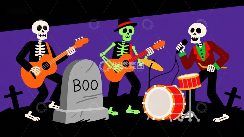 高清大图下载【趣麦麦图】骷髅乐队在墓地演奏