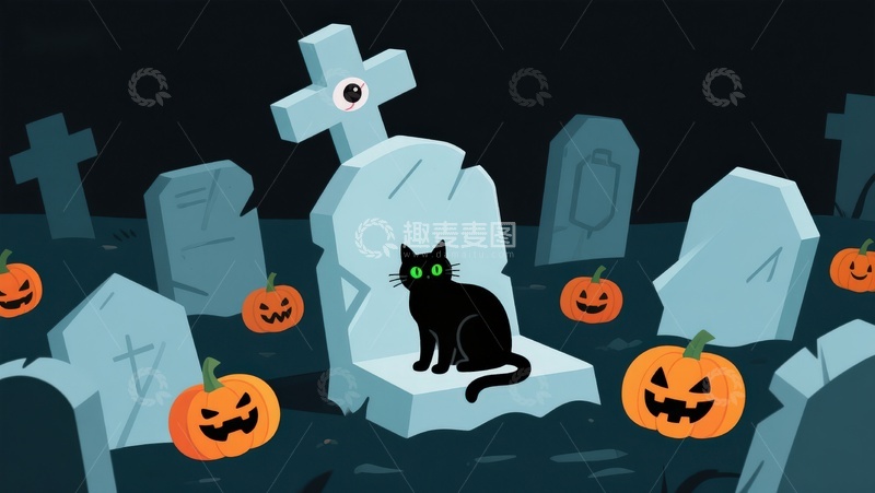 高清大图下载【趣麦麦图】万圣节墓地中的黑猫与南瓜灯