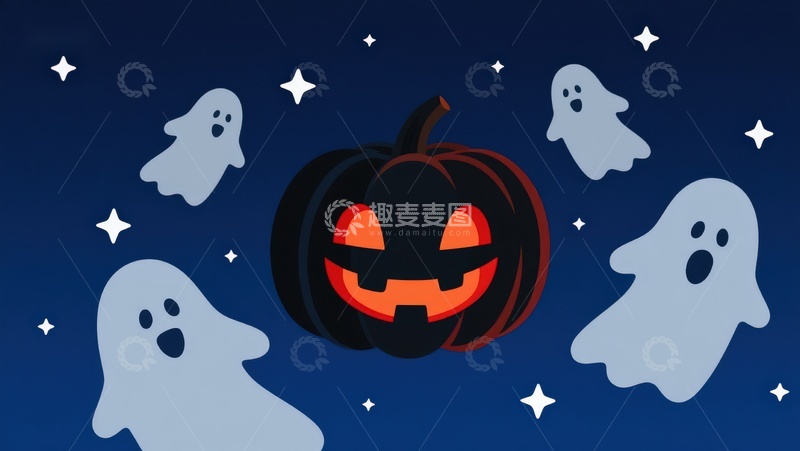 高清大图下载【趣麦麦图】万圣节南瓜与幽灵的夜空场景