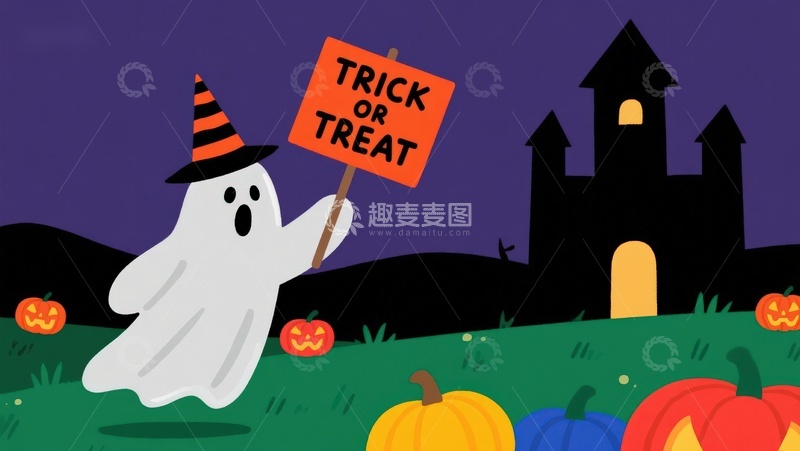 高清大图下载【趣麦麦图】万圣节幽灵手持&ldquo;不给糖就捣蛋&rdquo;牌子