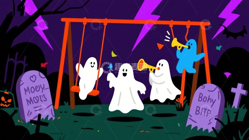 高清大图下载【趣麦麦图】万圣节幽灵在墓地荡秋千