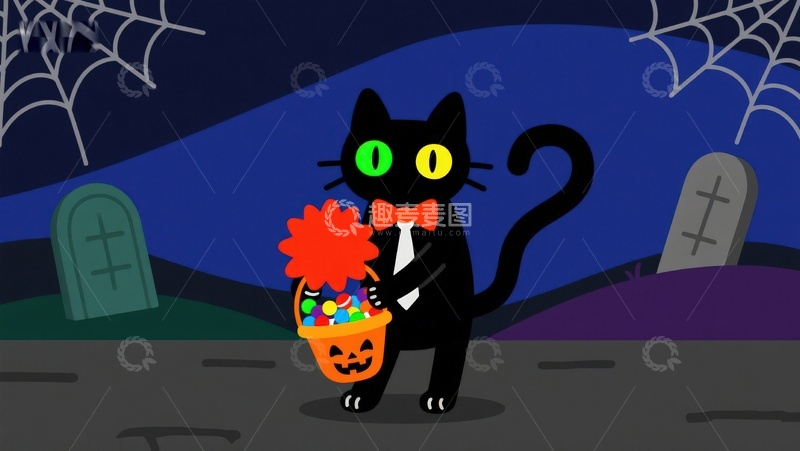 高清大图下载【趣麦麦图】万圣节黑猫手提南瓜灯篮子