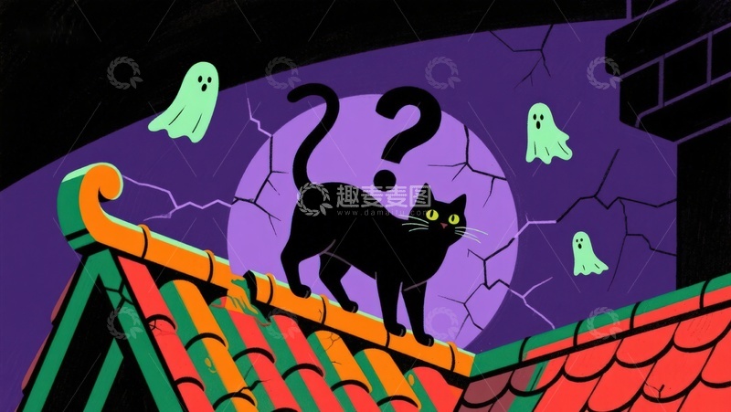 高清大图下载【趣麦麦图】屋顶上的黑猫与神秘幽灵