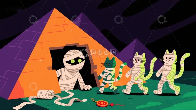 高清大图下载【趣麦麦图】万圣节猫咪与木乃伊的冒险
