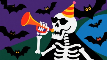 骷髅吹号庆祝万圣节