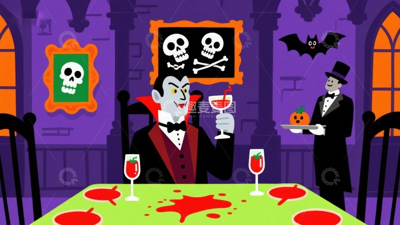 高清大图下载【趣麦麦图】吸血鬼与仆人在万圣节晚餐