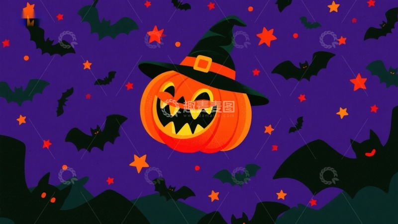 高清大图下载【趣麦麦图】万圣节南瓜灯与蝙蝠夜景