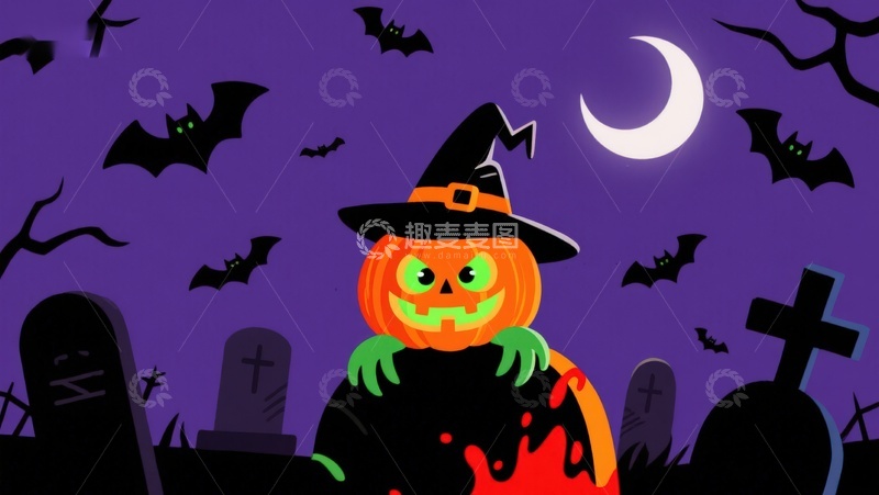 高清大图下载【趣麦麦图】万圣节南瓜巫师夜景