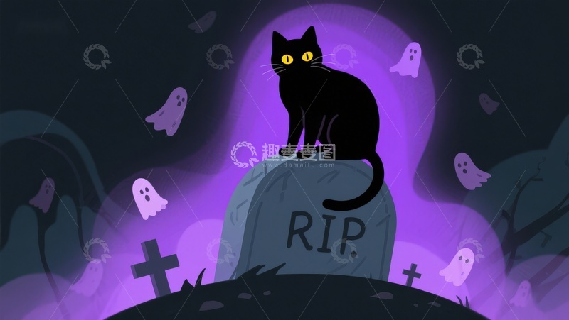 高清大图下载【趣麦麦图】墓碑上的黑猫与幽灵