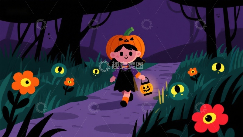 高清大图下载【趣麦麦图】万圣节南瓜灯女孩夜行森林