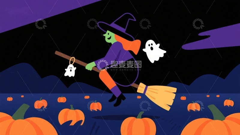 高清大图下载【趣麦麦图】万圣夜巫女骑扫帚飞过南瓜地