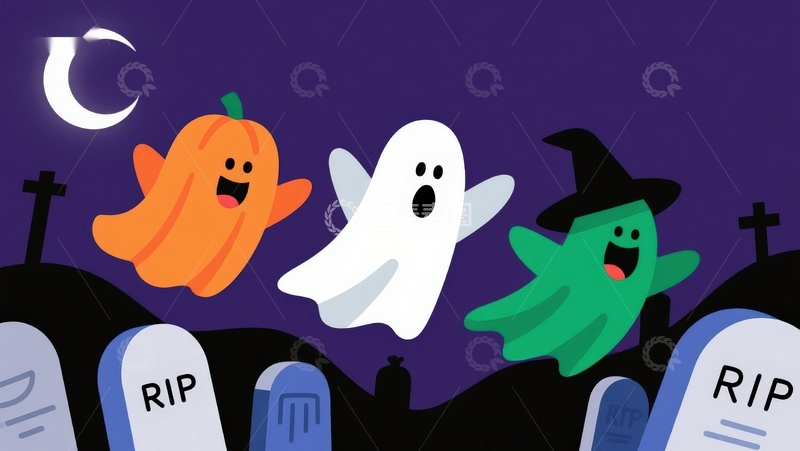 高清大图下载【趣麦麦图】万圣节夜景：南瓜幽灵与巫师飞行