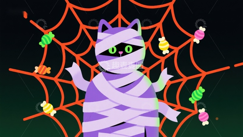 高清大图下载【趣麦麦图】万圣节猫咪木乃伊与糖果蜘蛛网