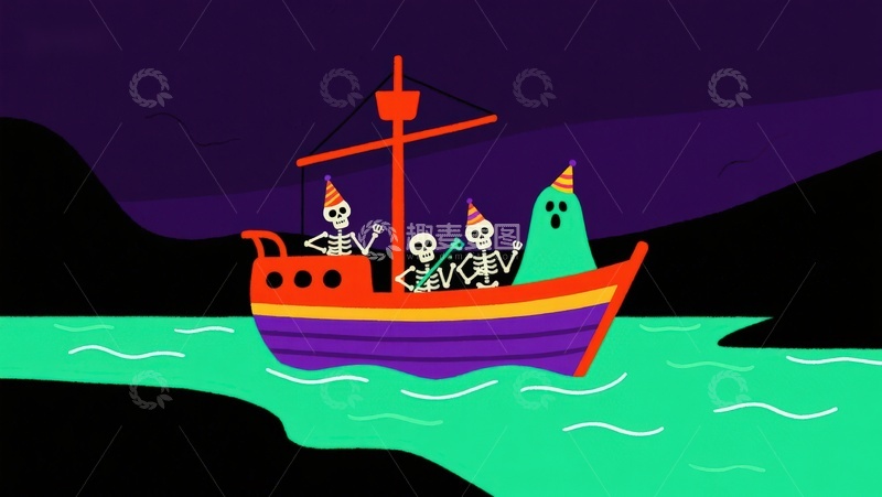 高清大图下载【趣麦麦图】骷髅乘船夜航