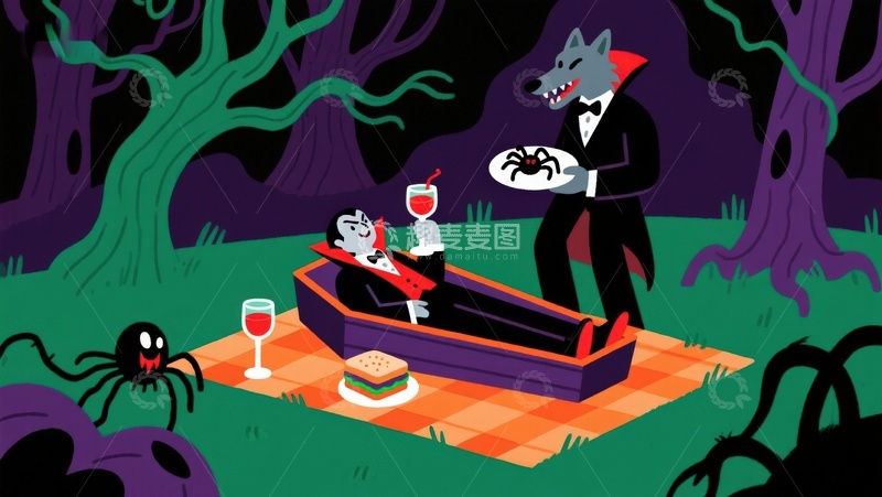 高清大图下载【趣麦麦图】-墓地野餐：吸血鬼与狼人共度夜晚