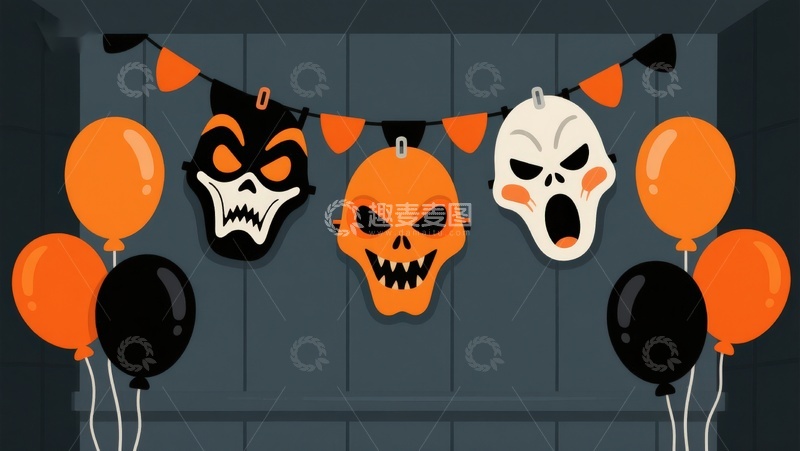 高清大图下载【趣麦麦图】万圣节装饰：骷髅面具与气球