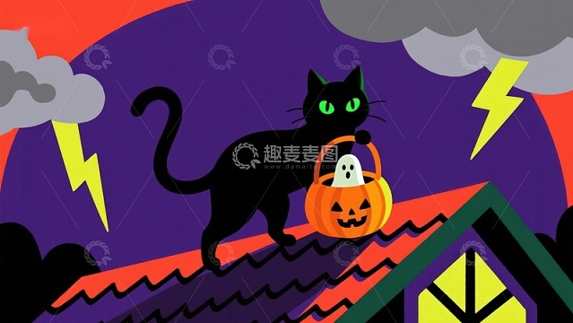 黑猫屋顶持南瓜灯，雷电夜空背景