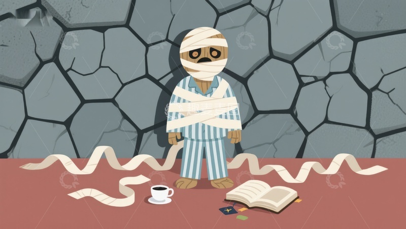 高清大图下载【趣麦麦图】绷带缠绕的卡通人物与书本咖啡