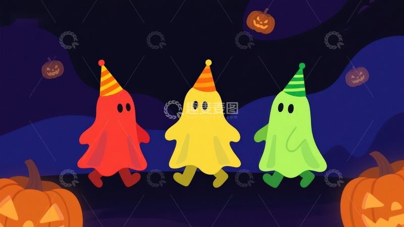 高清大图下载【趣麦麦图】万圣节夜晚，三只彩色小鬼戴着派对帽