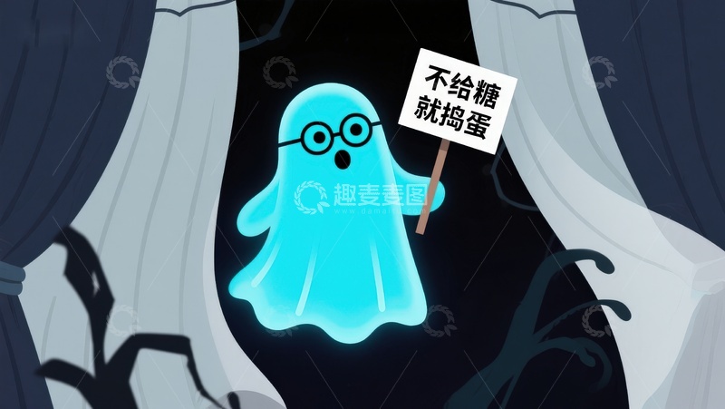 高清大图下载【趣麦麦图】蓝色幽灵手持标语，夜幕背景