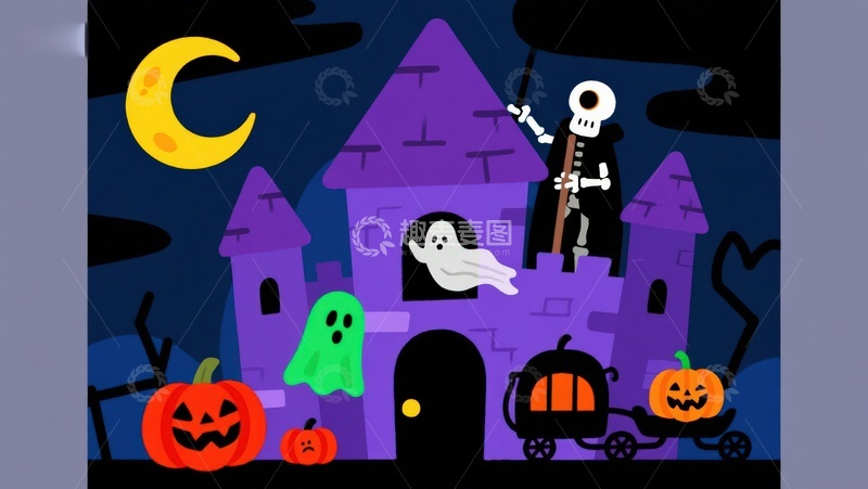 高清大图下载【趣麦麦图】万圣节夜景：幽灵城堡与南瓜灯