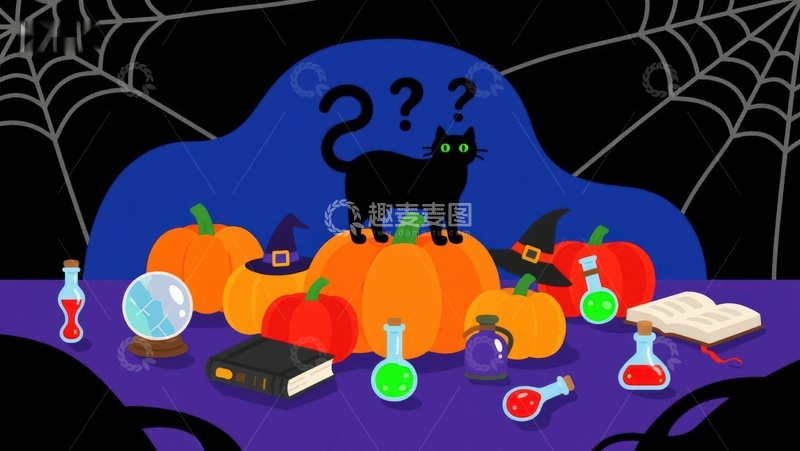 高清大图下载【趣麦麦图】万圣节夜景：黑猫与南瓜的神秘聚会