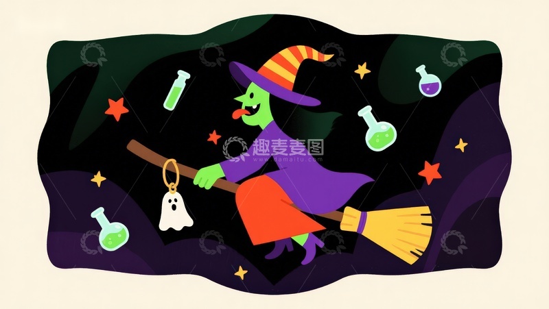 高清大图下载【趣麦麦图】万圣节女巫骑扫帚飞行