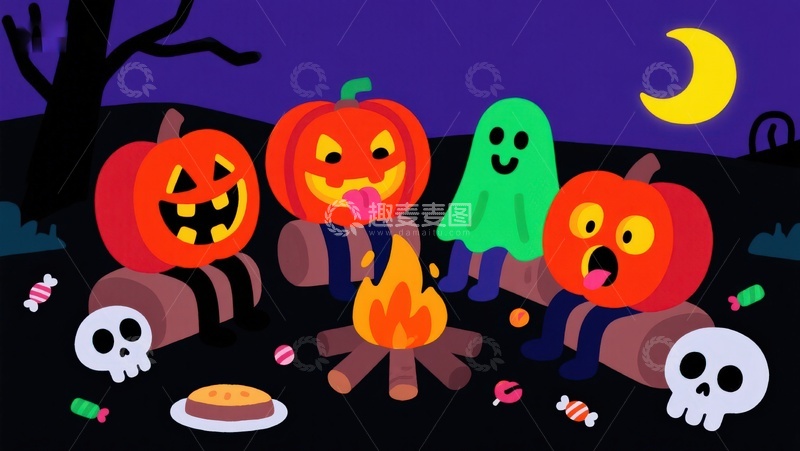 高清大图下载【趣麦麦图】万圣节南瓜与幽灵围篝火