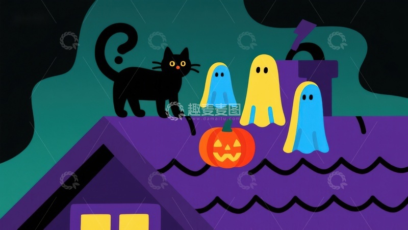 高清大图下载【趣麦麦图】屋顶上的万圣节幽灵与黑猫