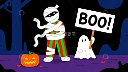 万圣节木乃伊与幽灵手持‘BOO!’标语