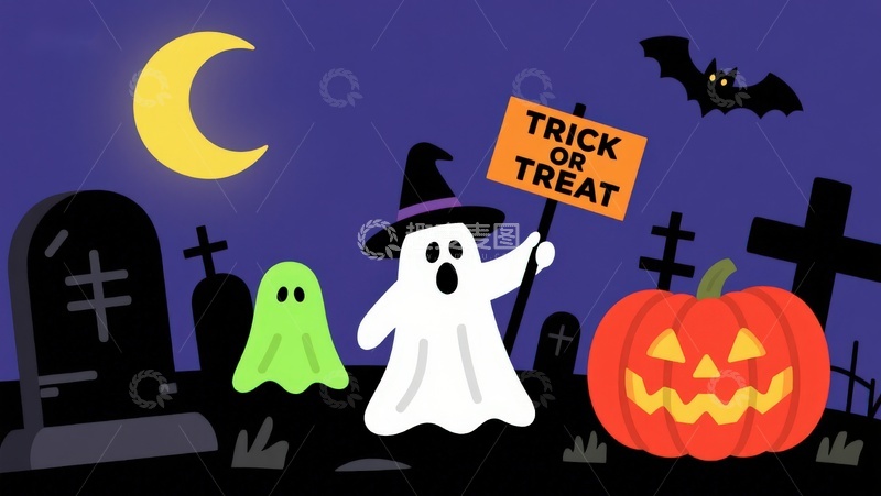 高清大图下载【趣麦麦图】万圣节幽灵手持&ldquo;不给糖就捣蛋&rdquo;牌子