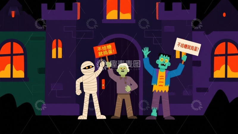 高清大图下载【趣麦麦图】万圣节角色门前讨糖