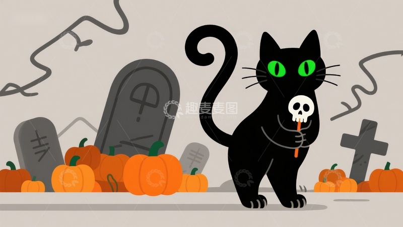 高清大图下载【趣麦麦图】万圣节黑猫手持骷髅头