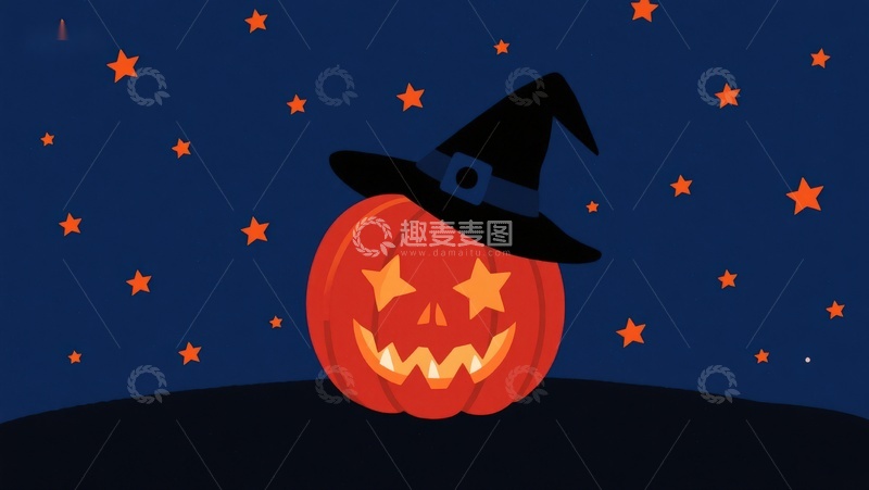 高清大图下载【趣麦麦图】戴巫师帽的南瓜灯在星空下