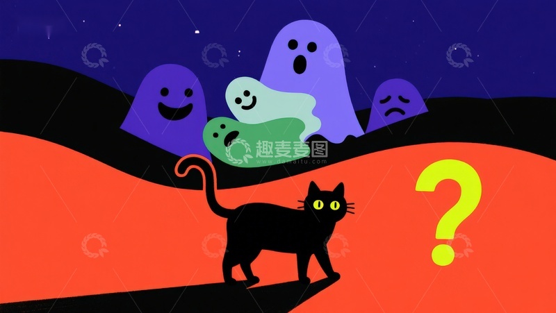 高清大图下载【趣麦麦图】夜景中的黑猫与幽灵