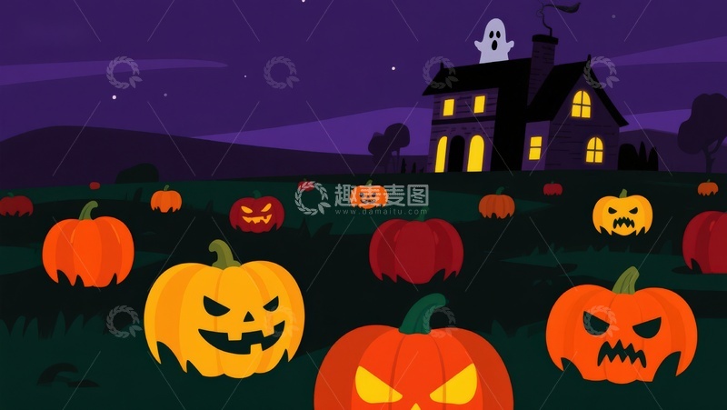 高清大图下载【趣麦麦图】万圣节夜景：南瓜灯与幽灵屋