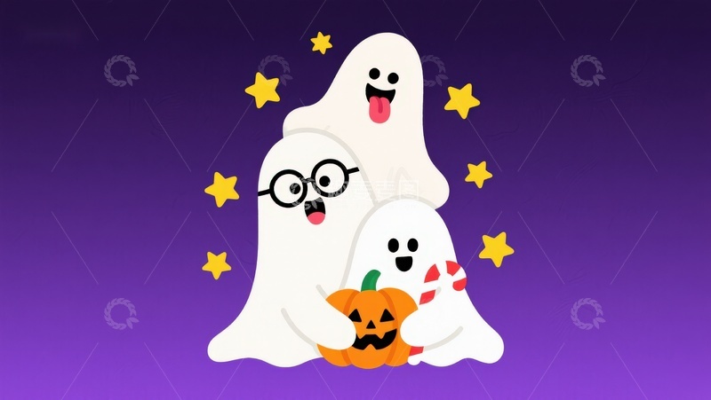 高清大图下载【趣麦麦图】欢乐万圣节：萌趣幽灵与南瓜灯