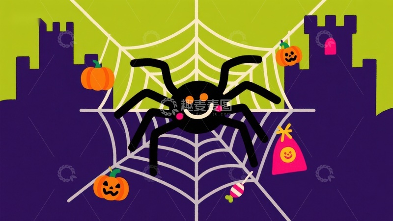高清大图下载【趣麦麦图】万圣节蜘蛛网与南瓜城堡插画