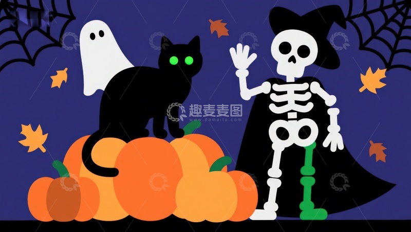 高清大图下载【趣麦麦图】万圣节骷髅与黑猫南瓜灯场景