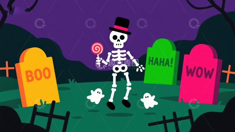 高清大图下载【趣麦麦图】万圣节墓地骷髅手持糖果