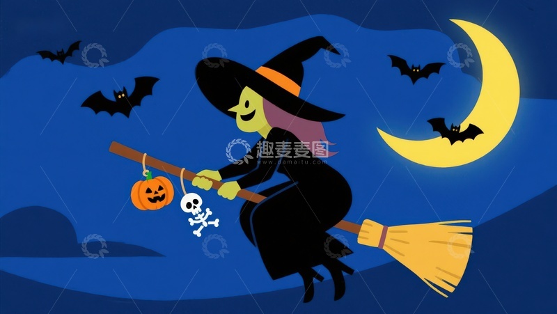 高清大图下载【趣麦麦图】万圣夜女巫骑扫帚