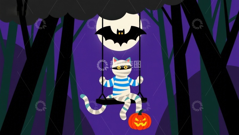 高清大图下载【趣麦麦图】万圣节夜景：猫咪与南瓜灯
